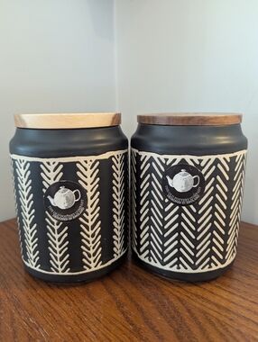 New The Old Pottery Company Coffee & Sugar Ceramic Jars Storage Wooden Lid
